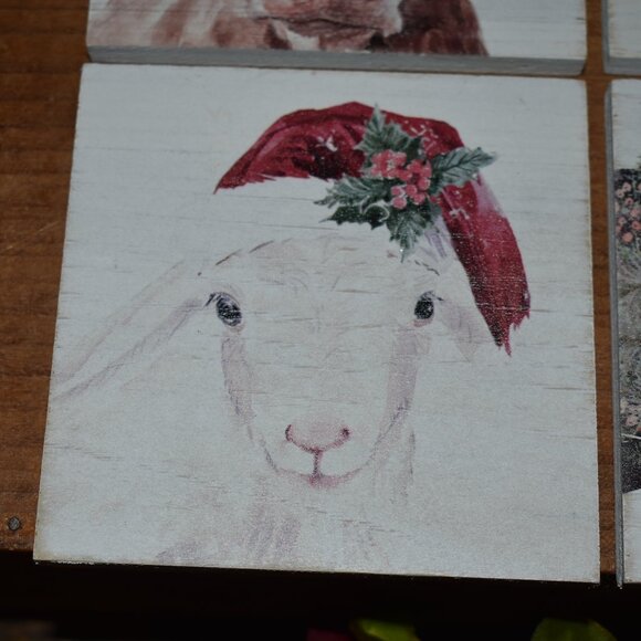 4pc Farmhouse Christmas Winter Holiday Barn Animals Wood Drink Coaster Set - Picture 9 of 10
